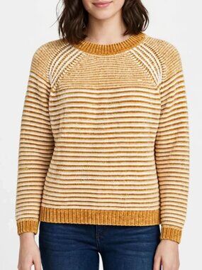 Hazel Moon Womens Chenille Striped Sweater XS NWT Mustard Yellow White Chunky